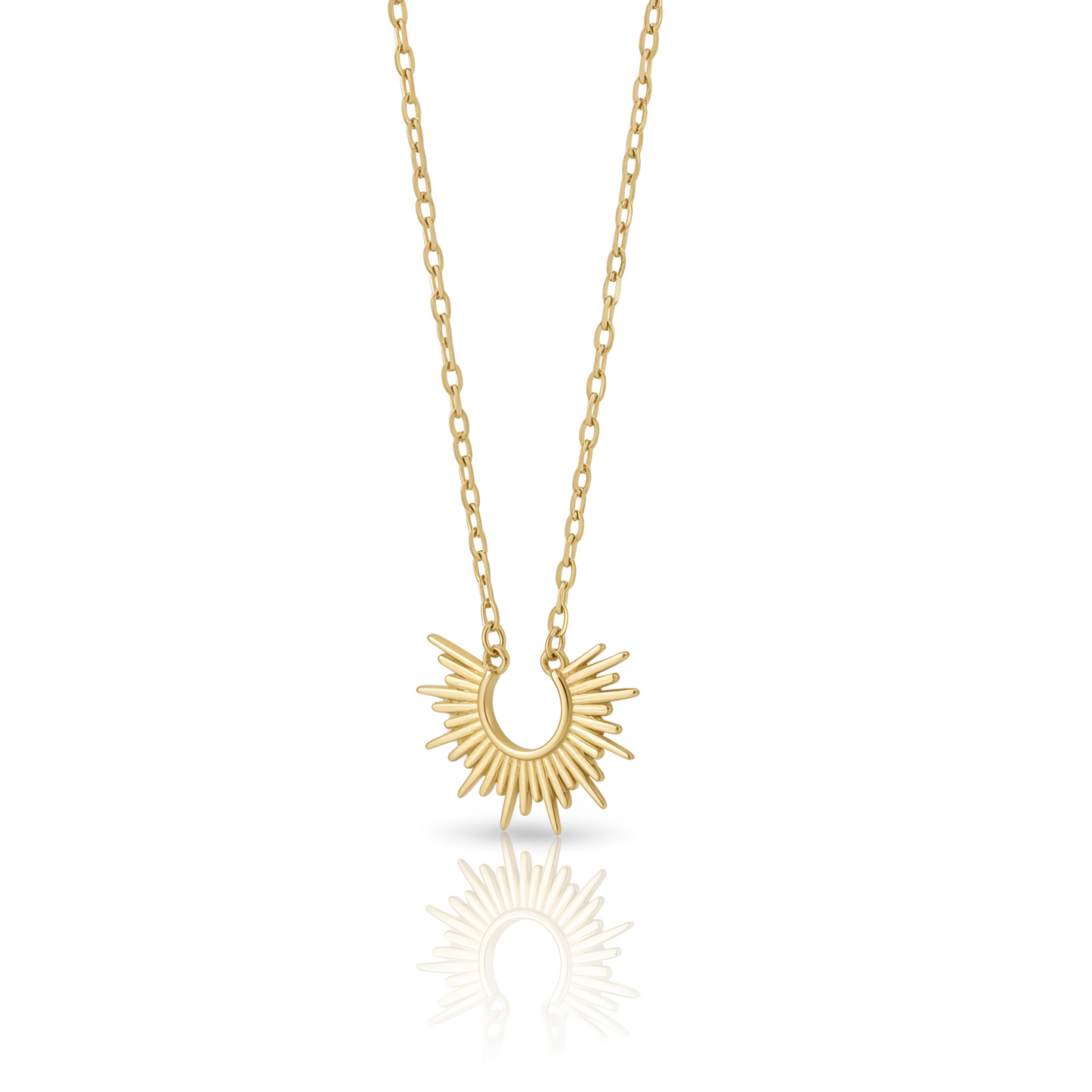 14 Karat Gold Plated Sterling Silver Mini Sunburst Pendant Necklace, 16 Inch Chain with 2 Inch Extender, Lobster Clasp, 15mm x 11.2mm