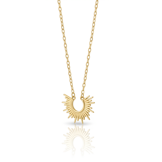 14 Karat Gold Plated Sterling Silver Mini Sunburst Pendant Necklace, 16 Inch Chain with 2 Inch Extender, Lobster Clasp, 15mm x 11.2mm