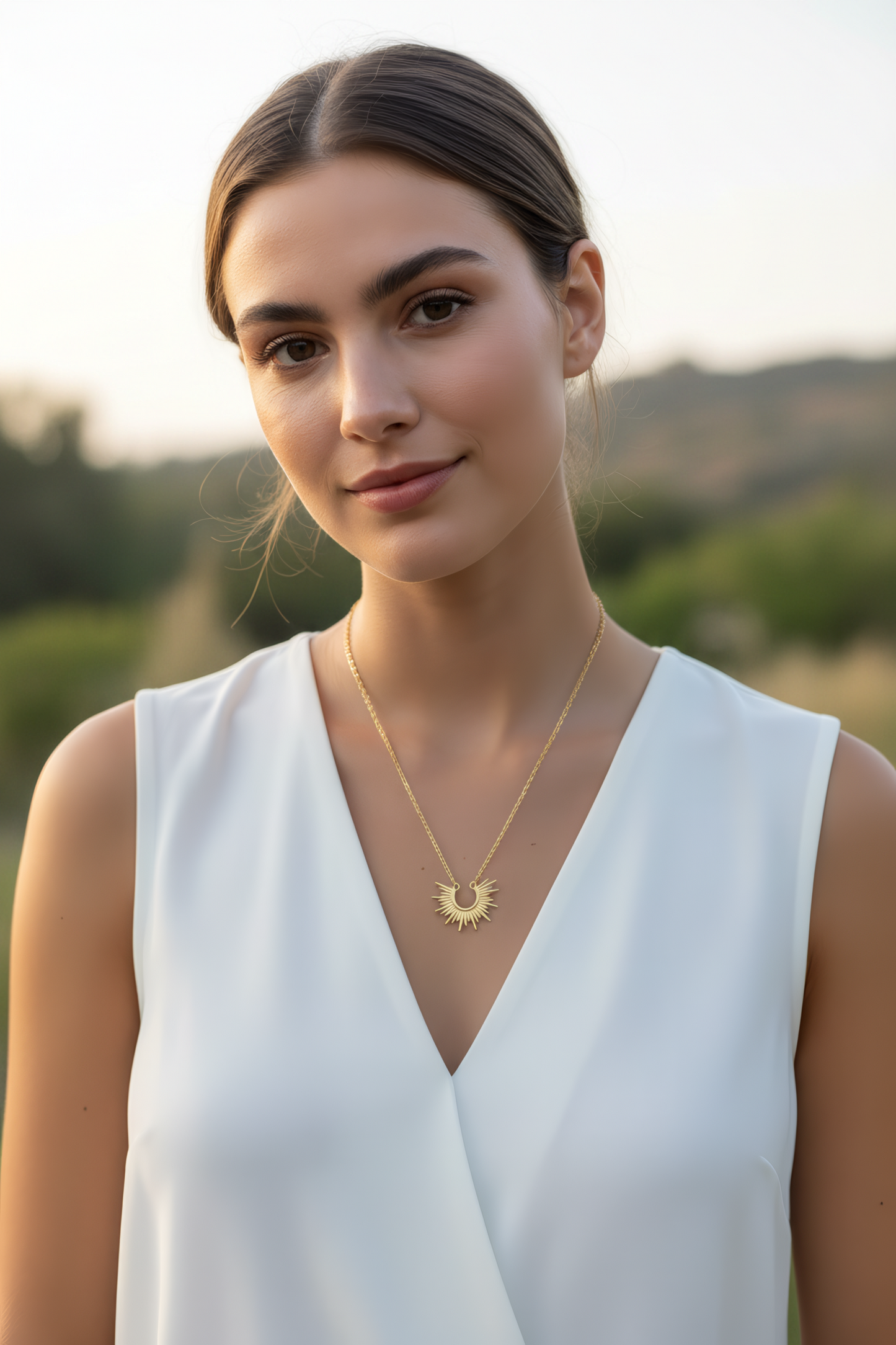 14 Karat Gold Plated Sterling Silver Mini Sunburst Pendant Necklace, 16 Inch Chain with 2 Inch Extender, Lobster Clasp, 15mm x 11.2mm