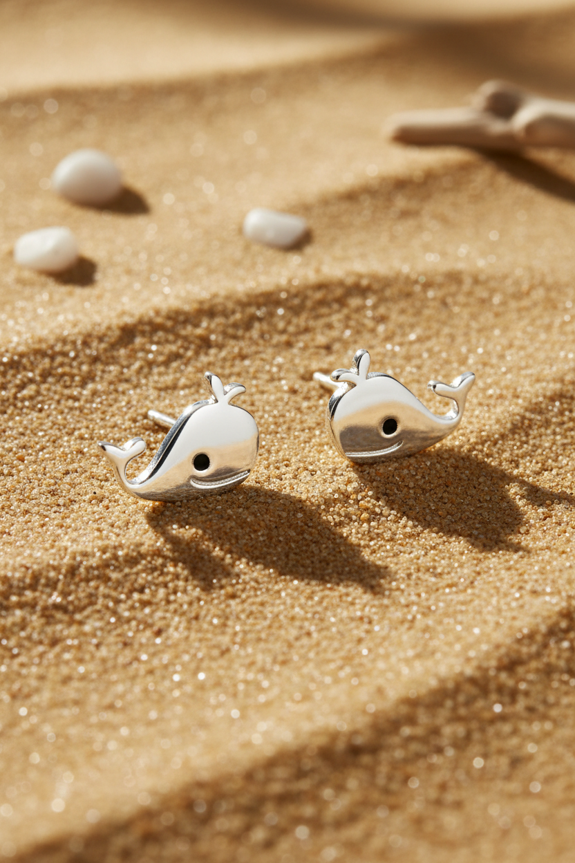 Enamel Smiling Whale Stud Earrings Polished 925 Sterling Silver 9mm