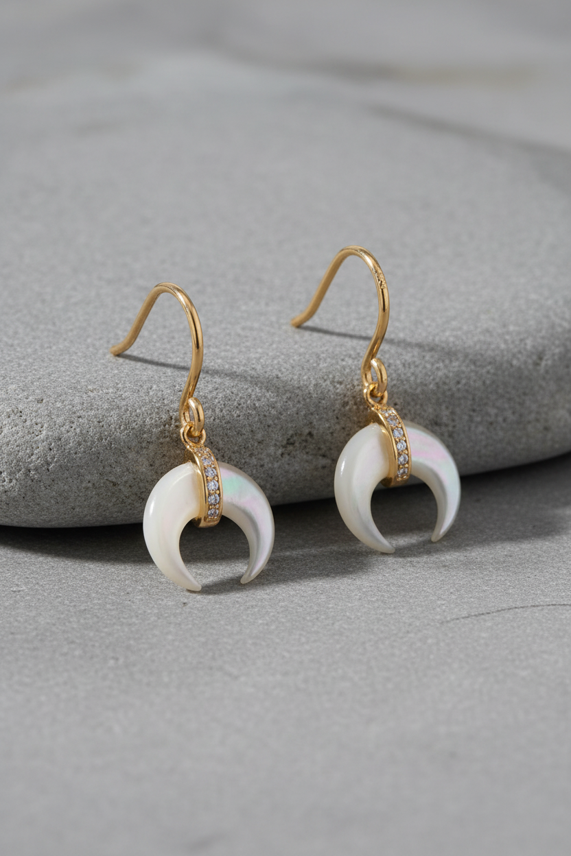 Mother of Pearl CZ Crescent Dangle Earrings 14K Gold Plated 925 Sterling Silver 20mm