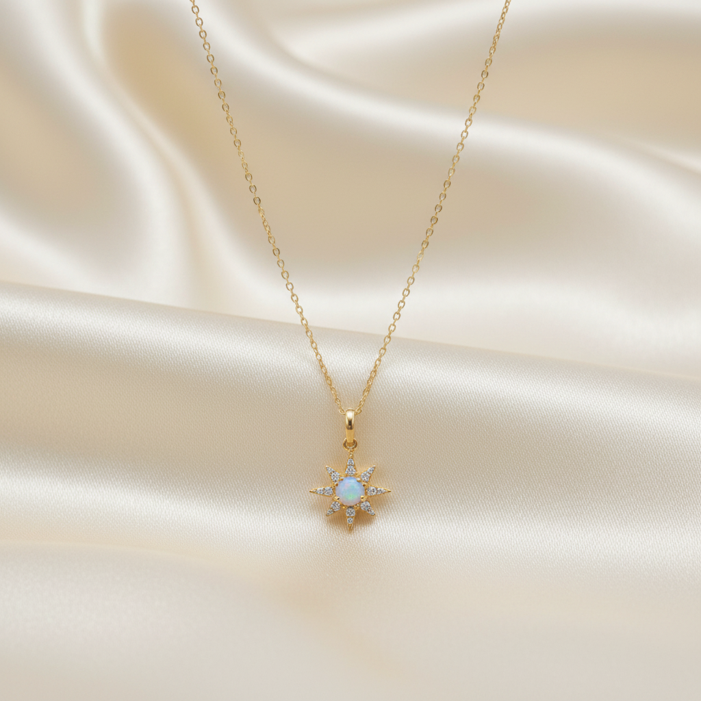 14K Gold Plated Sterling Silver North Star Necklace with CZ and Synthetic Opal, 16 Inch Chain with 2 Inch Extension