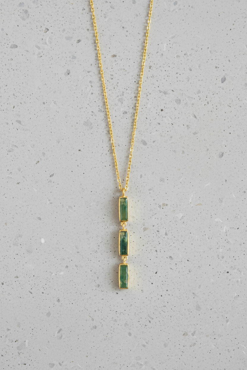 Moss Agate Drop Necklace 14K Gold Plated 925 Silver Baguette 18+2