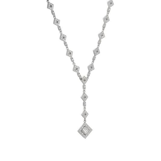 Sterling Silver Y-Drop Necklace with CZ Diamond Designs, 16 Inch Rhodium Plated Chain, 2.5 Inch Drop