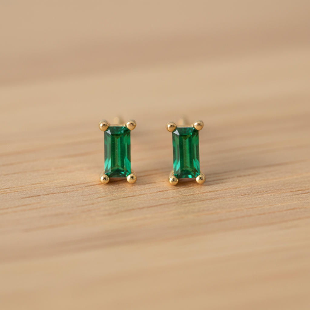 Green Baguette CZ Stud Earrings 14K Gold Plated 925 Sterling Silver 2.5x5mm