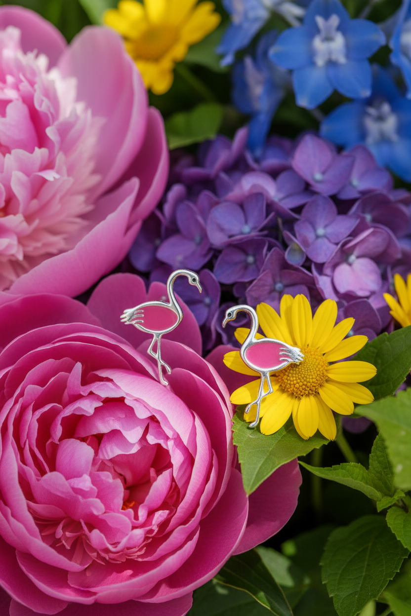 Graceful Bird Stud Earrings - Pink Enamel Flamingo