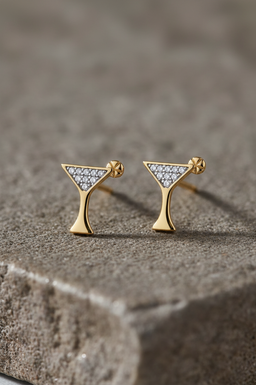 Pave CZ Martini Glass Stud Earrings 14K Gold Plated 925 Sterling Silver 9.7x10.2mm