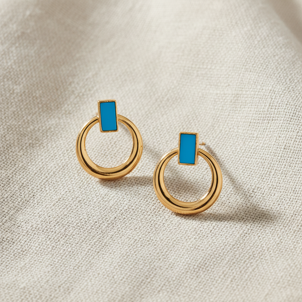 Turquoise Door Knocker Stud Earrings 14K Gold Plated 925 Sterling Silver 8mm