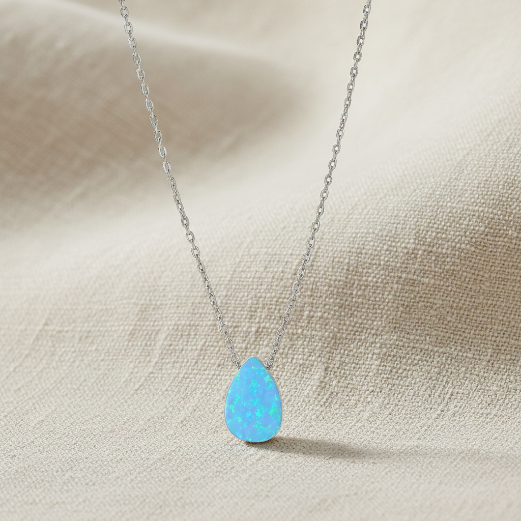 Opal Pear Drop Necklace Rhodium 925 Silver Blue Synthetic 9x12mm 16+2