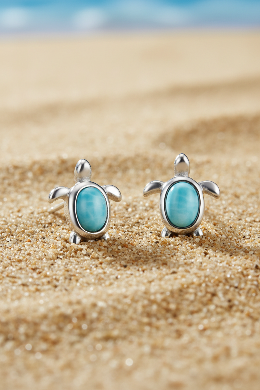 Ocean Wanderer Studs - Rhodium Plated Larimar Sea Turtle Earrings