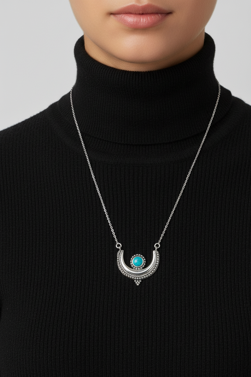 Crescent Moon Necklace - Sterling Silver Oxidized with Turquoise