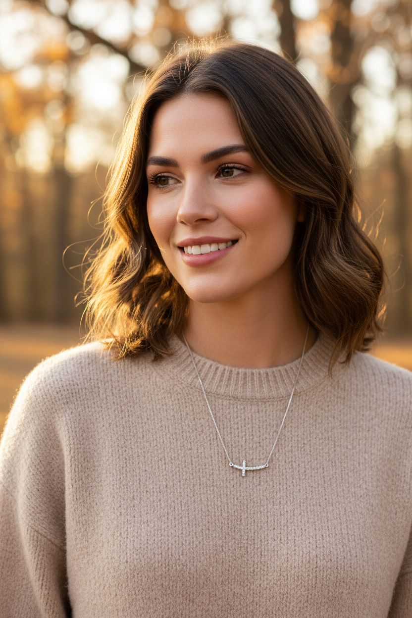 Diamond Sideways Cross Necklace Rhodium Plated 925 Sterling Silver 0.10ctw 18+2"