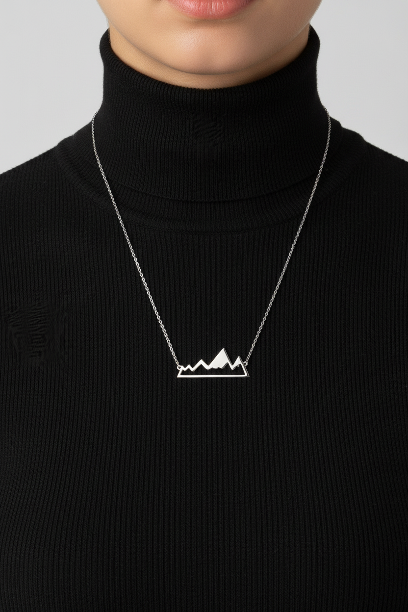 Mountain Range Necklace Rhodium 925 Sterling Silver 30x13mm 16+2 Inch