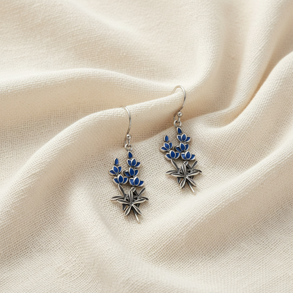 Texas Pride | Sterling Silver Blue Enamel Bluebonnet Dangle Earrings