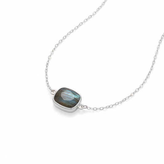 Faceted Labradorite Necklace 925 Sterling Silver 10.5x13mm 16+2 Inch