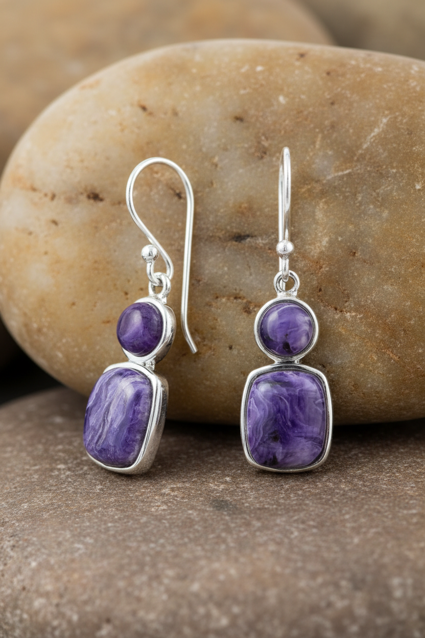 Dual Shape Charoite Drop Earrings 925 Sterling Silver French Wire 33.6mm