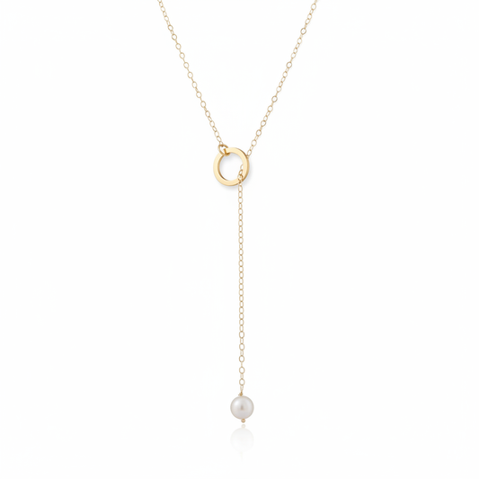 Cultured Freshwater Pearl Lariat Necklace Solid 14K Yellow Gold 6mm 18 Inch