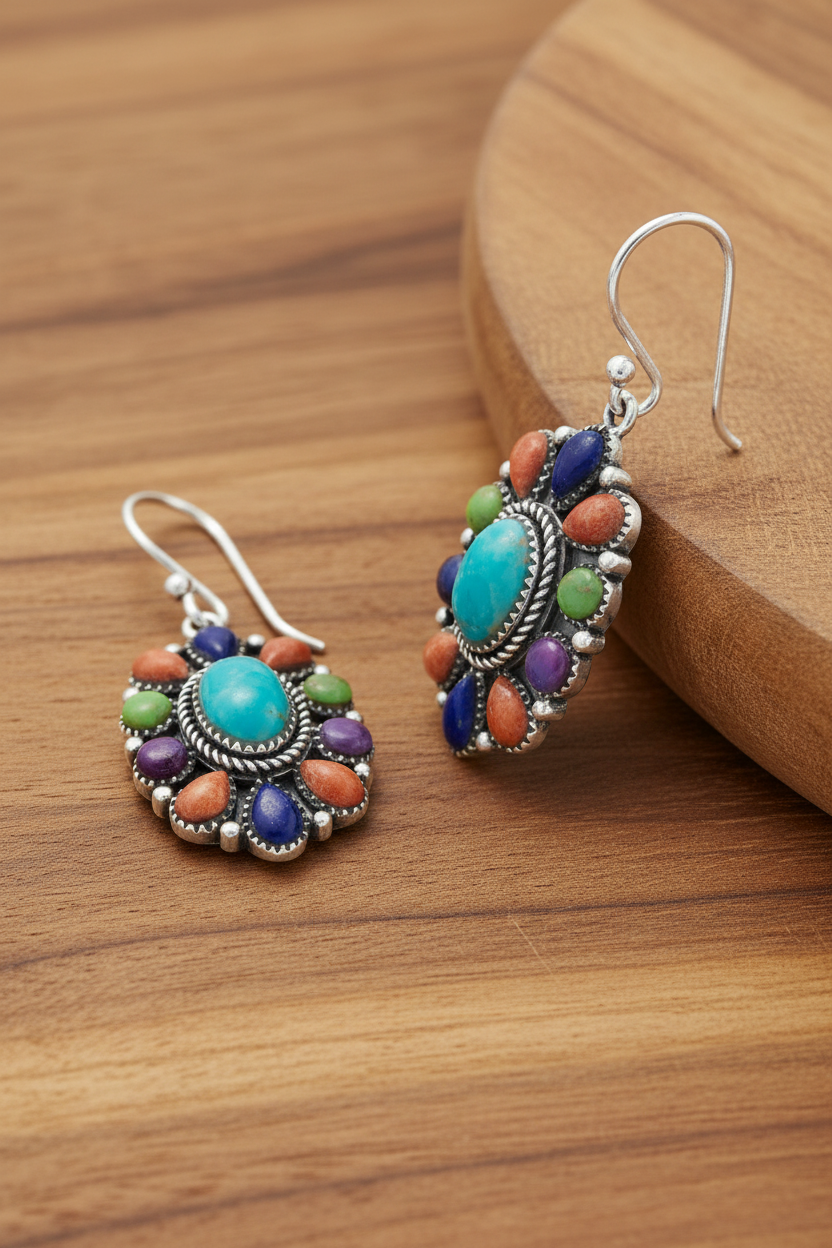 Multi-Gemstone Flower Drop Earrings Oxidized 925 Sterling Silver French Wire 35mm