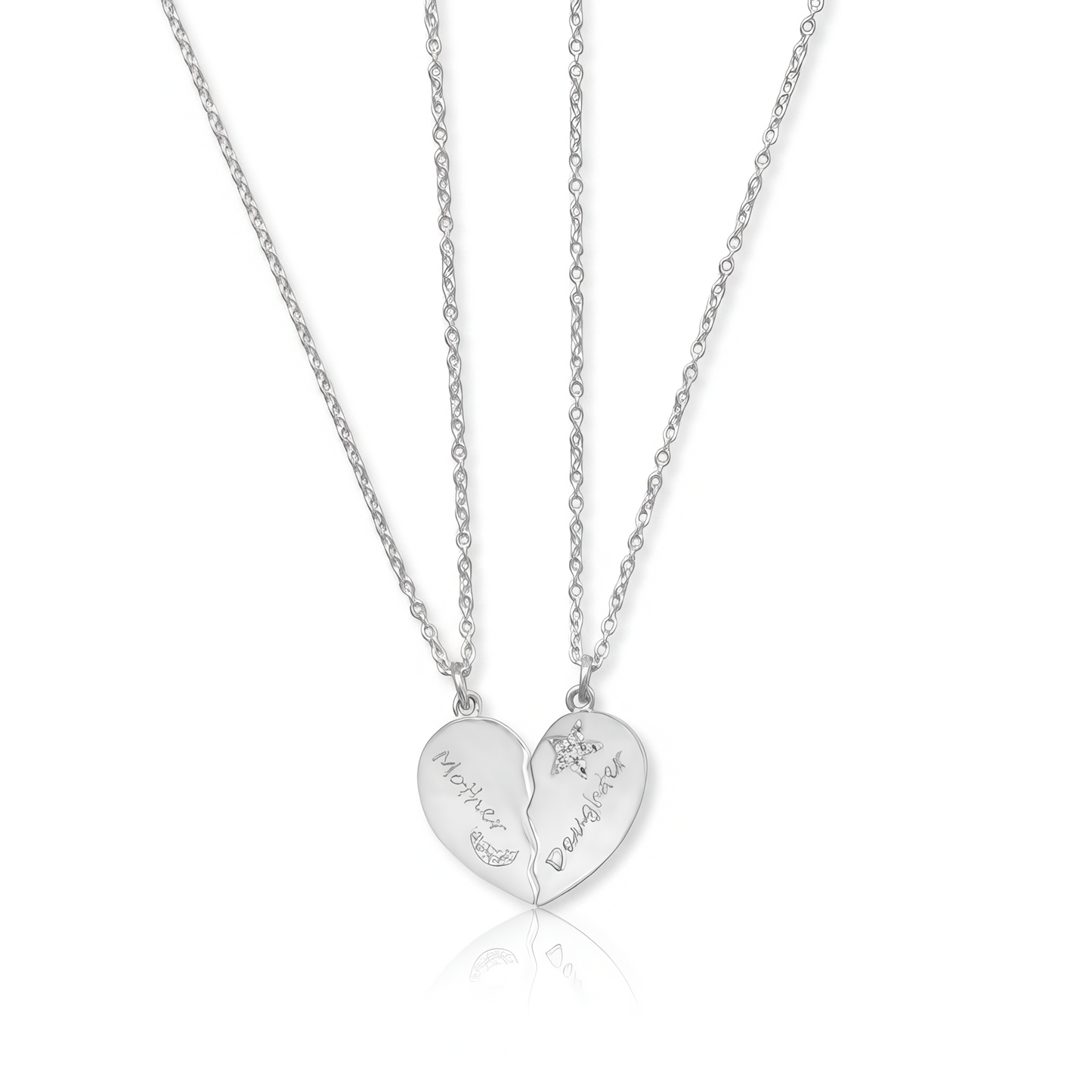 Mother Daughter Necklace Set 925 Silver CZ Moon Star Half Heart 16+2