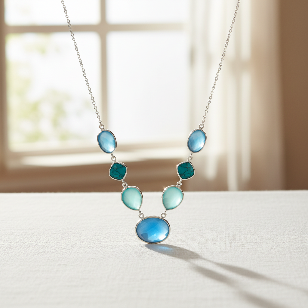 Multi-Stone Necklace - Sterling Silver Turquoise and Chalcedony Statement