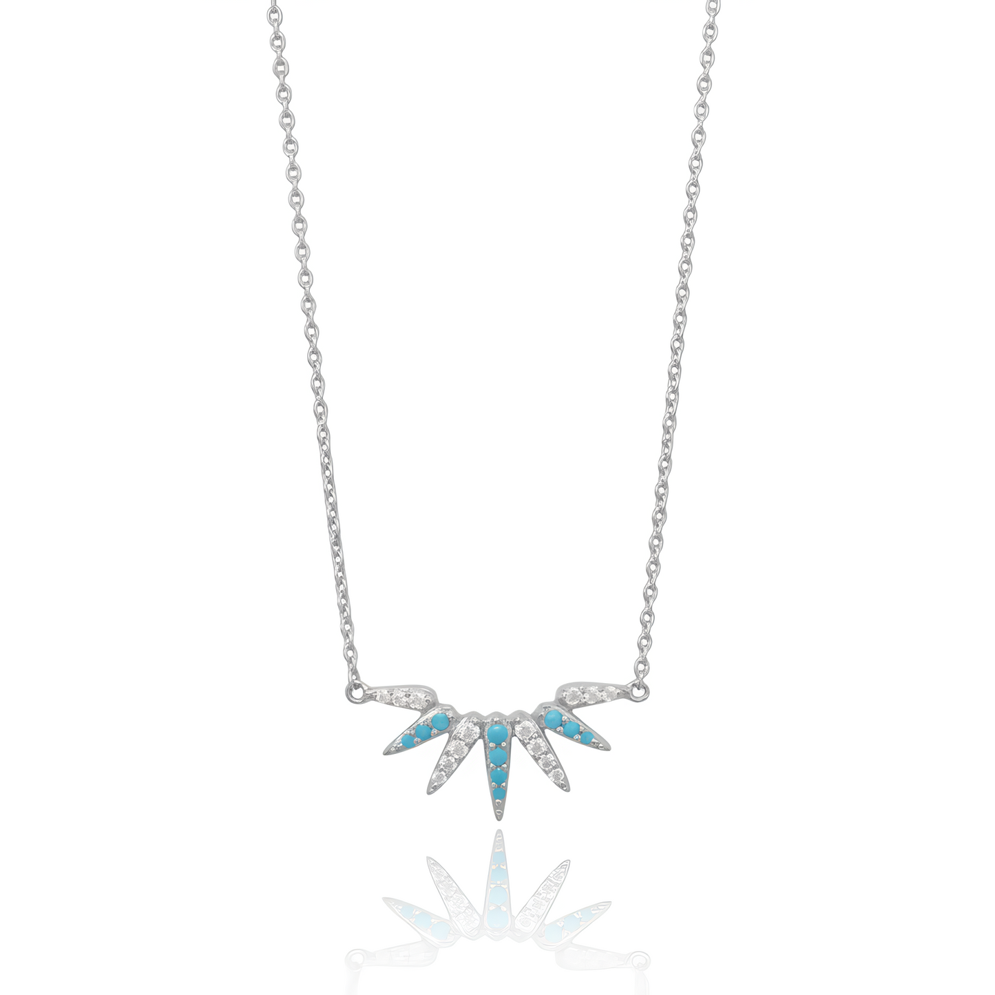 Turquoise CZ Sunray Necklace 925 Sterling Silver Rhodium 20mm 16+2 Inch