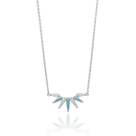 Sterling Silver Turquoise CZ Sunray Spike Necklace, Rhodium Plated, 16 Inch Chain with 2 Inch Extender, White CZ Accents