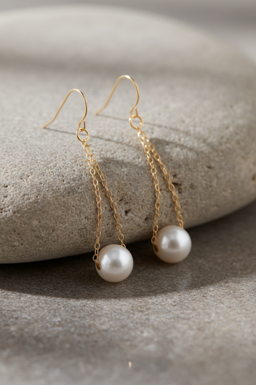 Floating Freshwater Pearl Drop Earrings 14K Yellow Gold French Wire 9-9.5mm