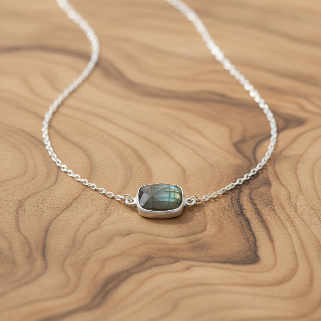 Faceted Labradorite Necklace 925 Sterling Silver 10.5x13mm 16+2 Inch
