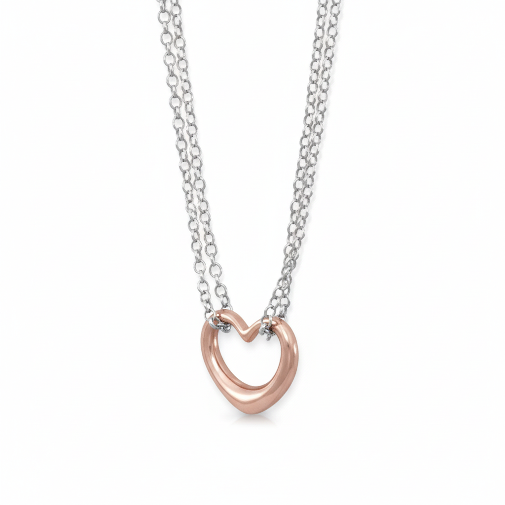 Heart Necklace - Sterling Silver Double Strand Rose Gold Pendant Italian