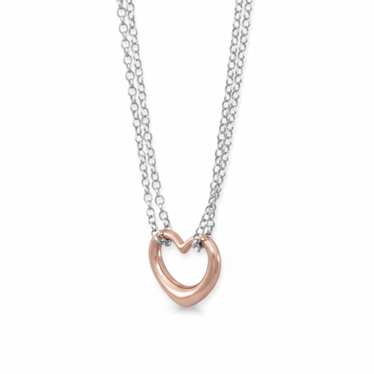 Heart Necklace - Sterling Silver Double Strand Rose Gold Pendant Italian