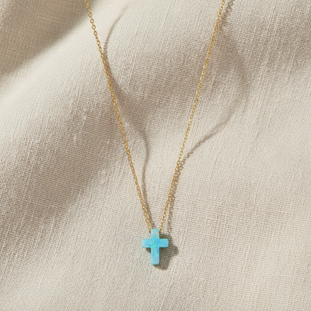 Opal Cross Necklace 14K Gold Plated 925 Silver Blue Synthetic 9mm 16+2