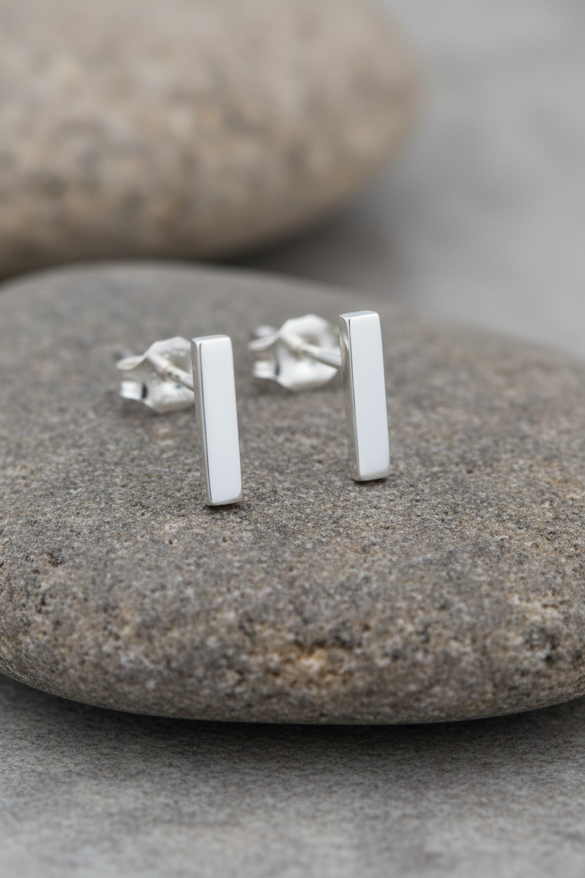 Minimalist Bar Stud Earrings Polished 925 Sterling Silver 3x13mm