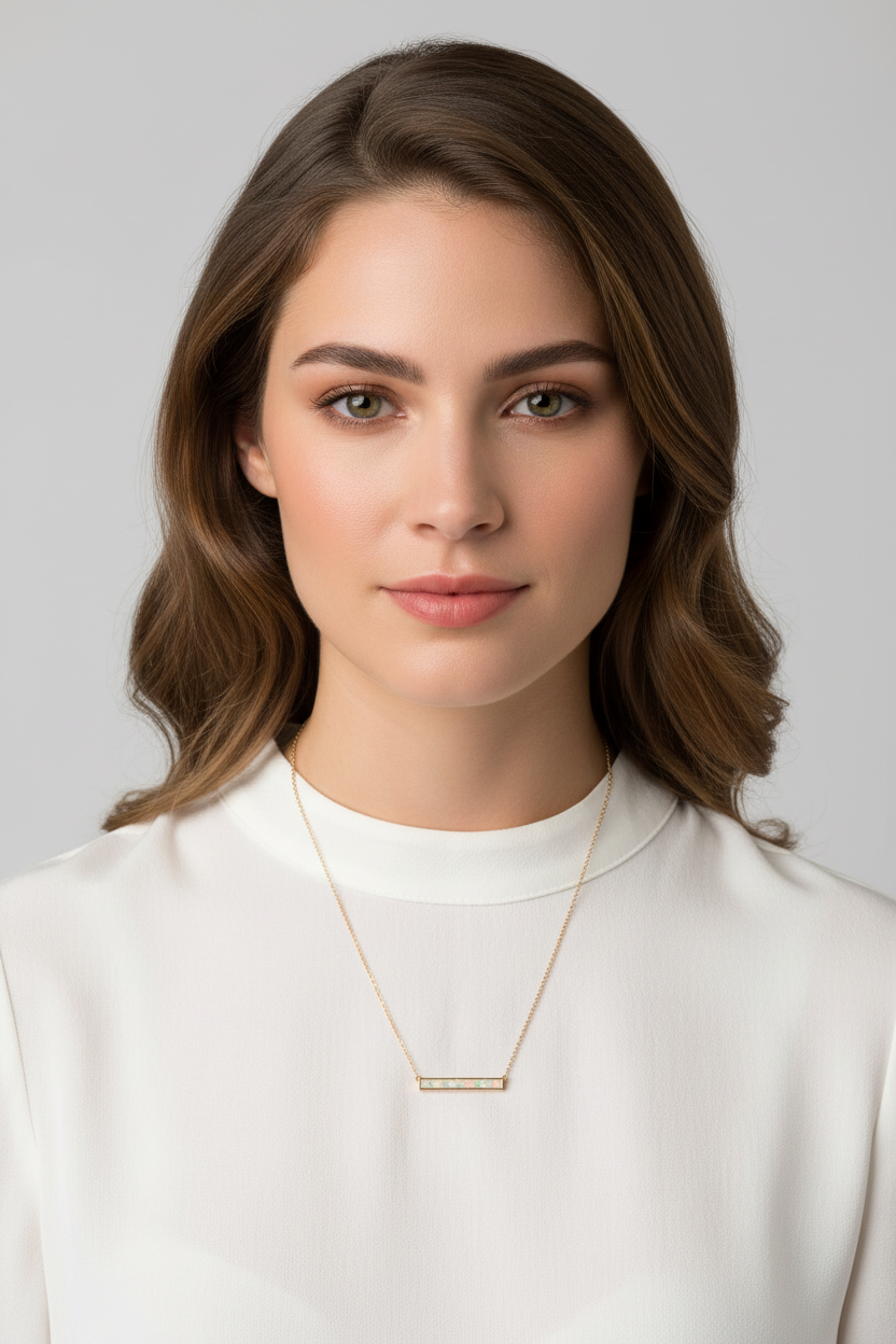 Synthetic White Opal Bar Necklace 14K Gold Plated 925 Sterling Silver 16+2"