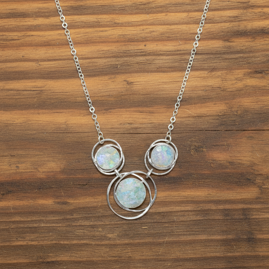 Ancient Roman Glass Necklace - Sterling Silver Abstract Circle Pendant