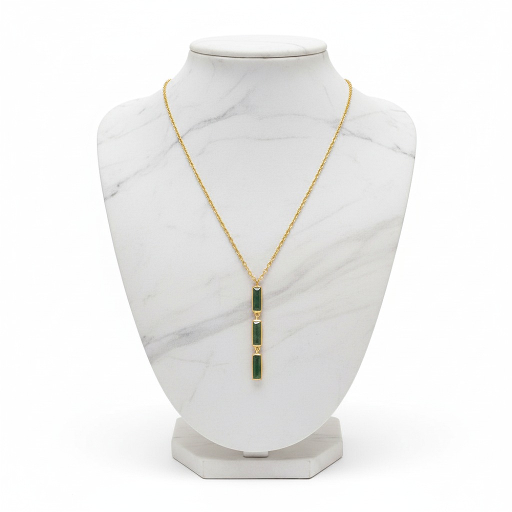 Moss Agate Drop Necklace 14K Gold Plated 925 Silver Baguette 18+2