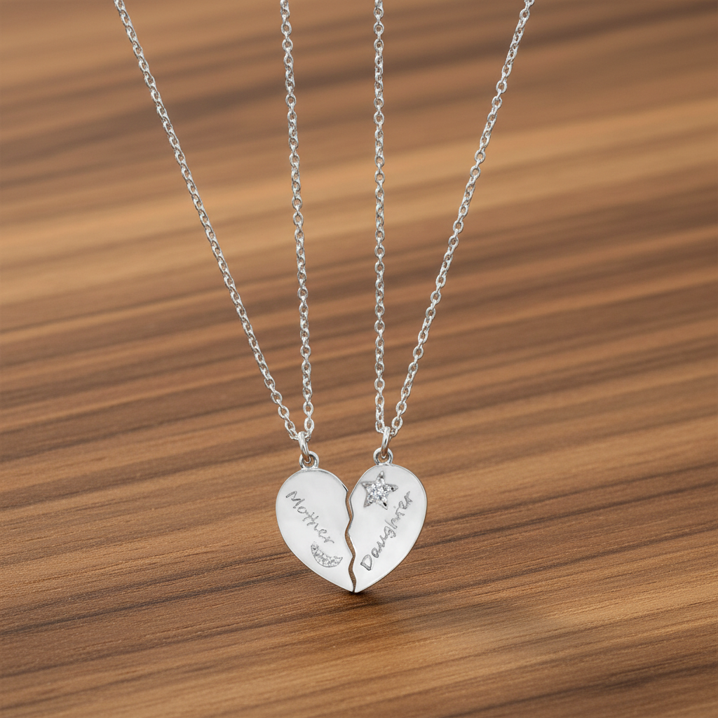 Mother Daughter Necklace Set 925 Silver CZ Moon Star Half Heart 16+2