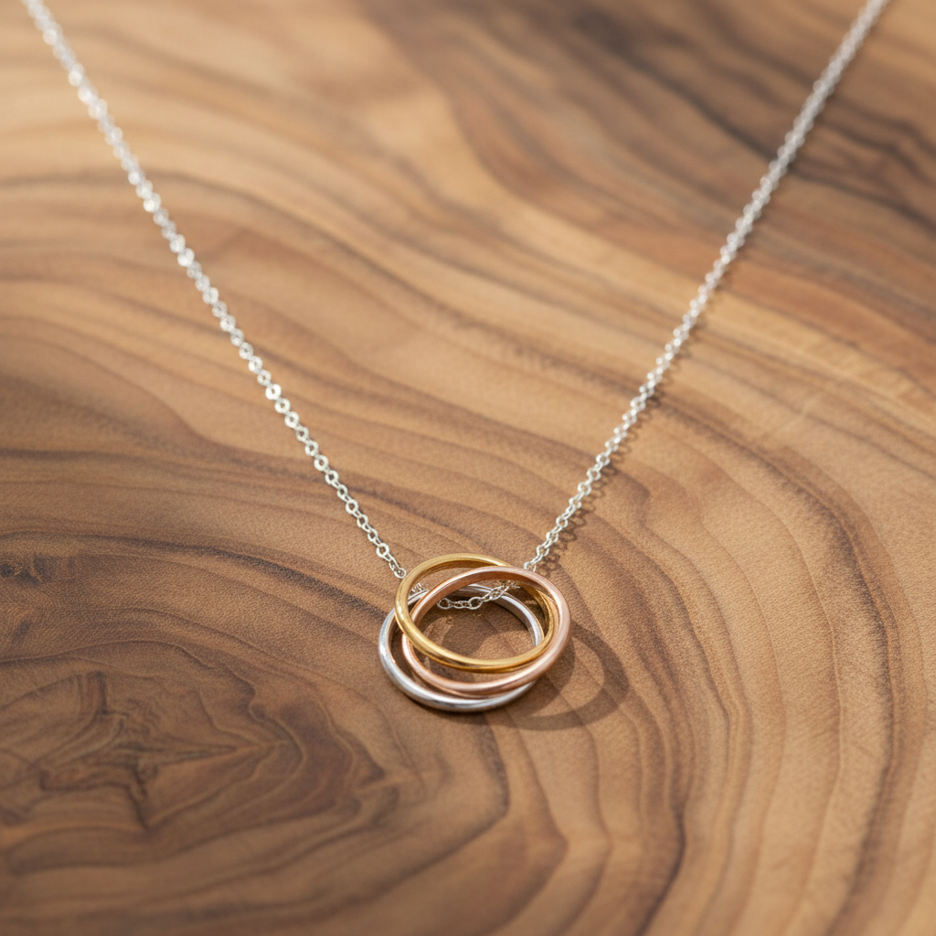 Tri Tone Ring Drop Necklace 925 Sterling Silver Yellow Rose Gold Plated 16 Inch