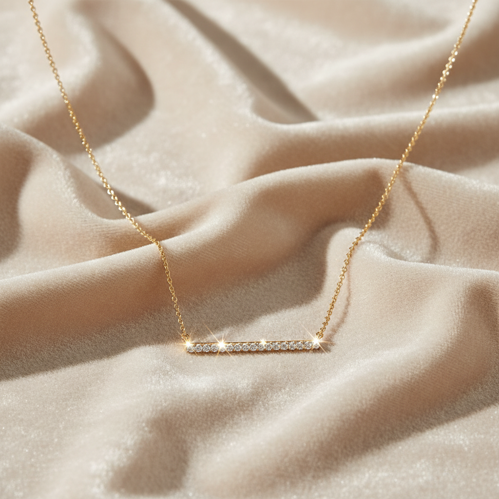 14 Karat Gold Plated Sterling Silver CZ Bar Necklace, Pendant Style, 16 Inch + 2 Inch Extension, Spring Ring Closure