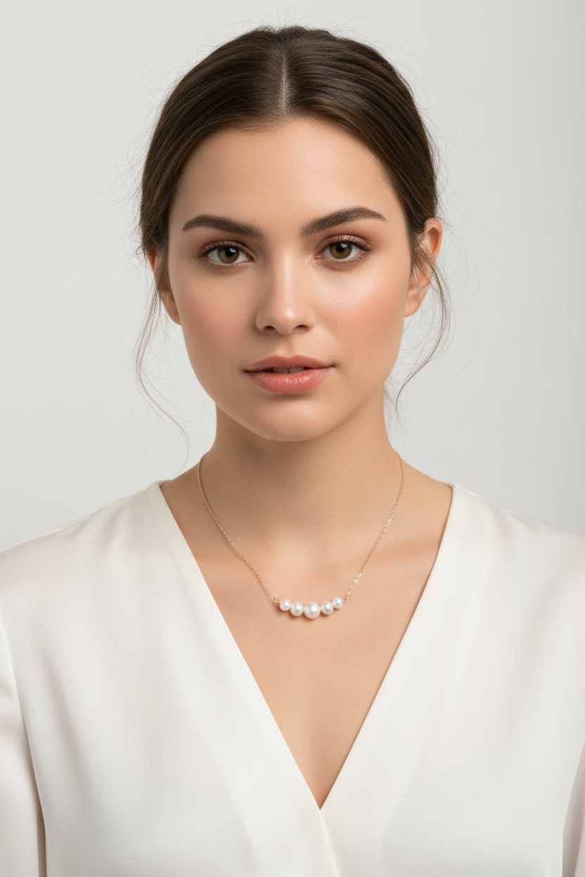 14 Karat Gold Pearl Bar Necklace, 16 Inch Cable Chain, 5 Cultured Freshwater Pearls, Spring Ring Closure, Yellow Gold