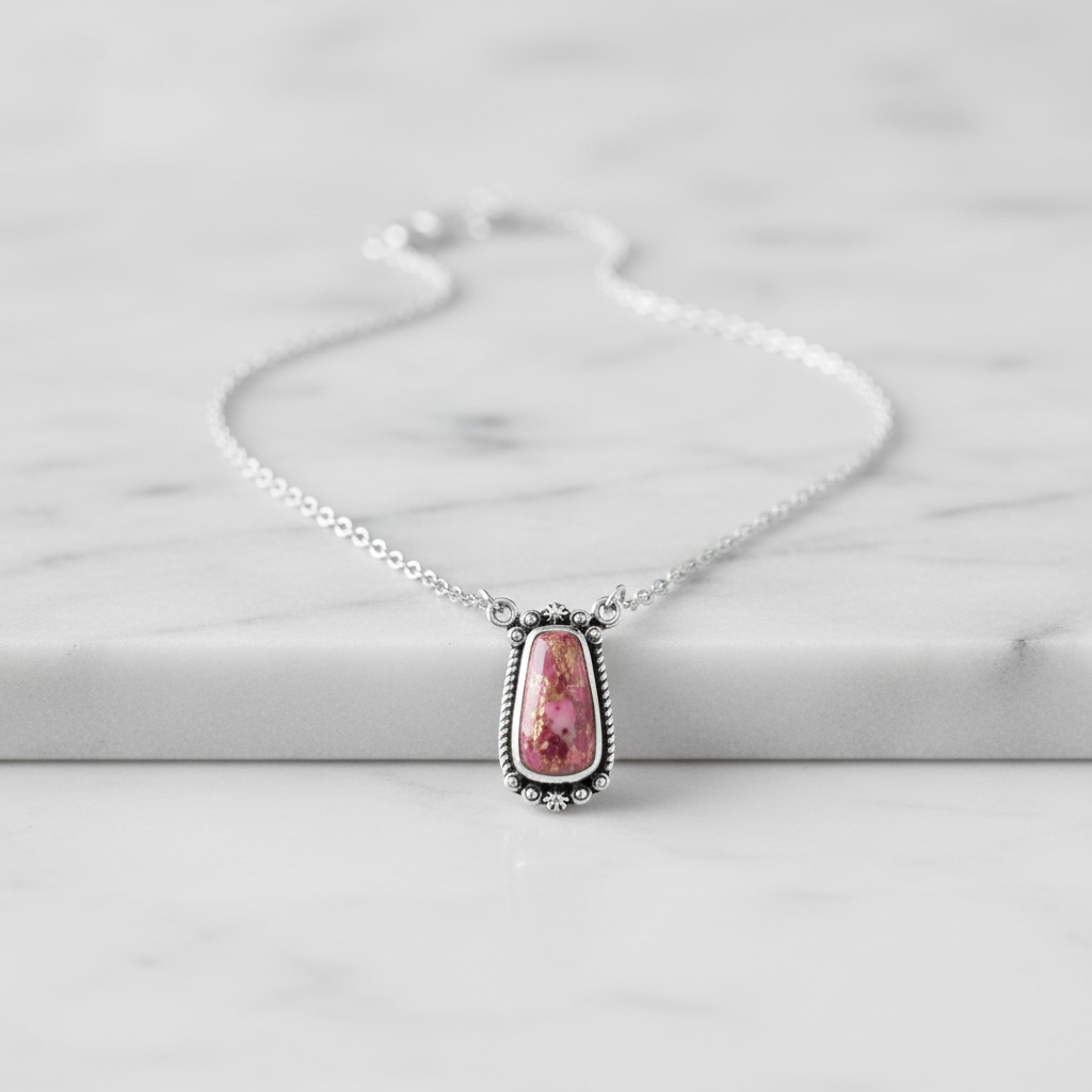 Pink Spiny Oyster Necklace Oxidized 925 Silver 14mm Rope Bead 18+2