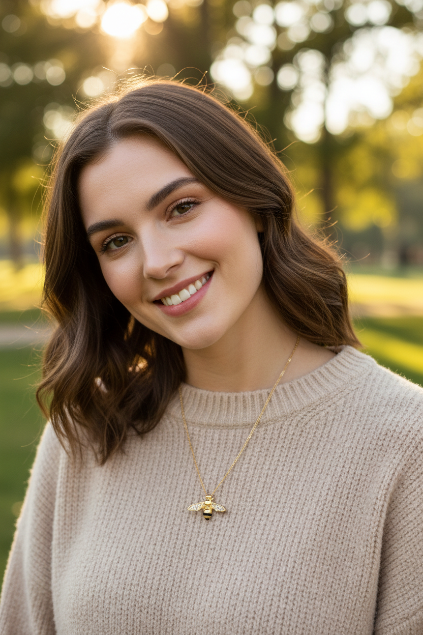 14K Gold Plated Sterling Silver Bee Necklace with Signity CZ Wings, 16 Inch Chain with 2 Inch Extension, Slide Pendant