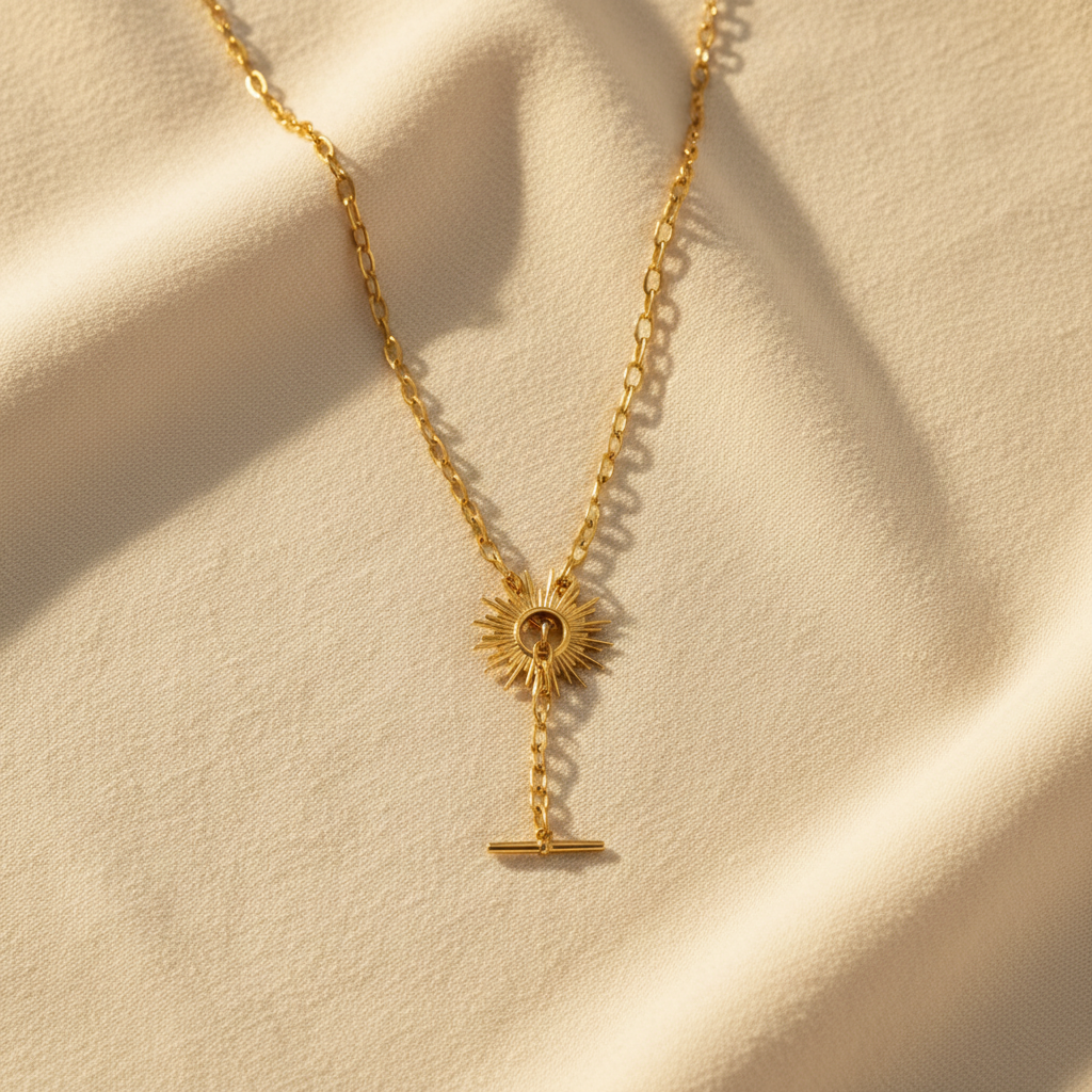 Sunburst Toggle Necklace 14K Gold Plated 925 Silver 20.5mm 16.5 Inch