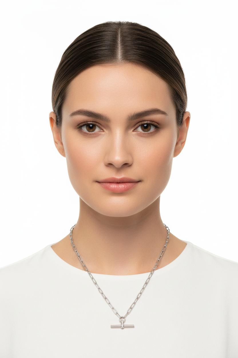 Sterling Silver CZ Decorated Toggle Bar Necklace, Rhodium Plated Paperclip Chain, 16+2 Inch, Italian Made