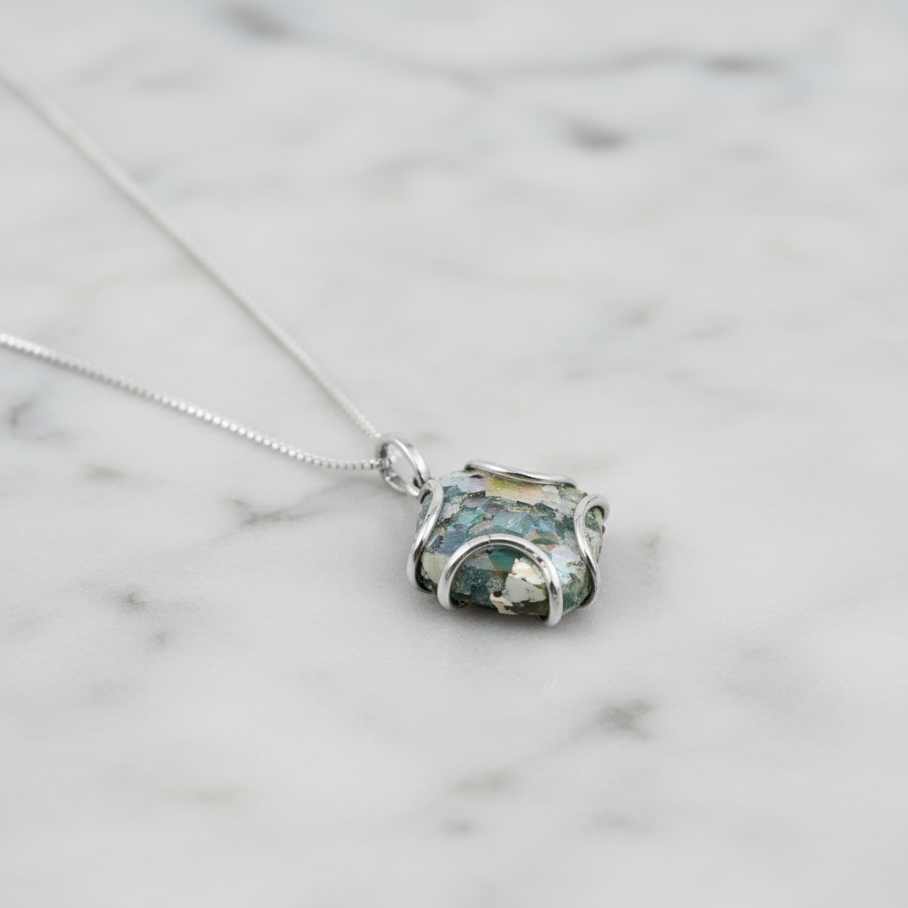 Ancient Roman Glass Necklace - Sterling Silver Oxidized Wire Set Pendant