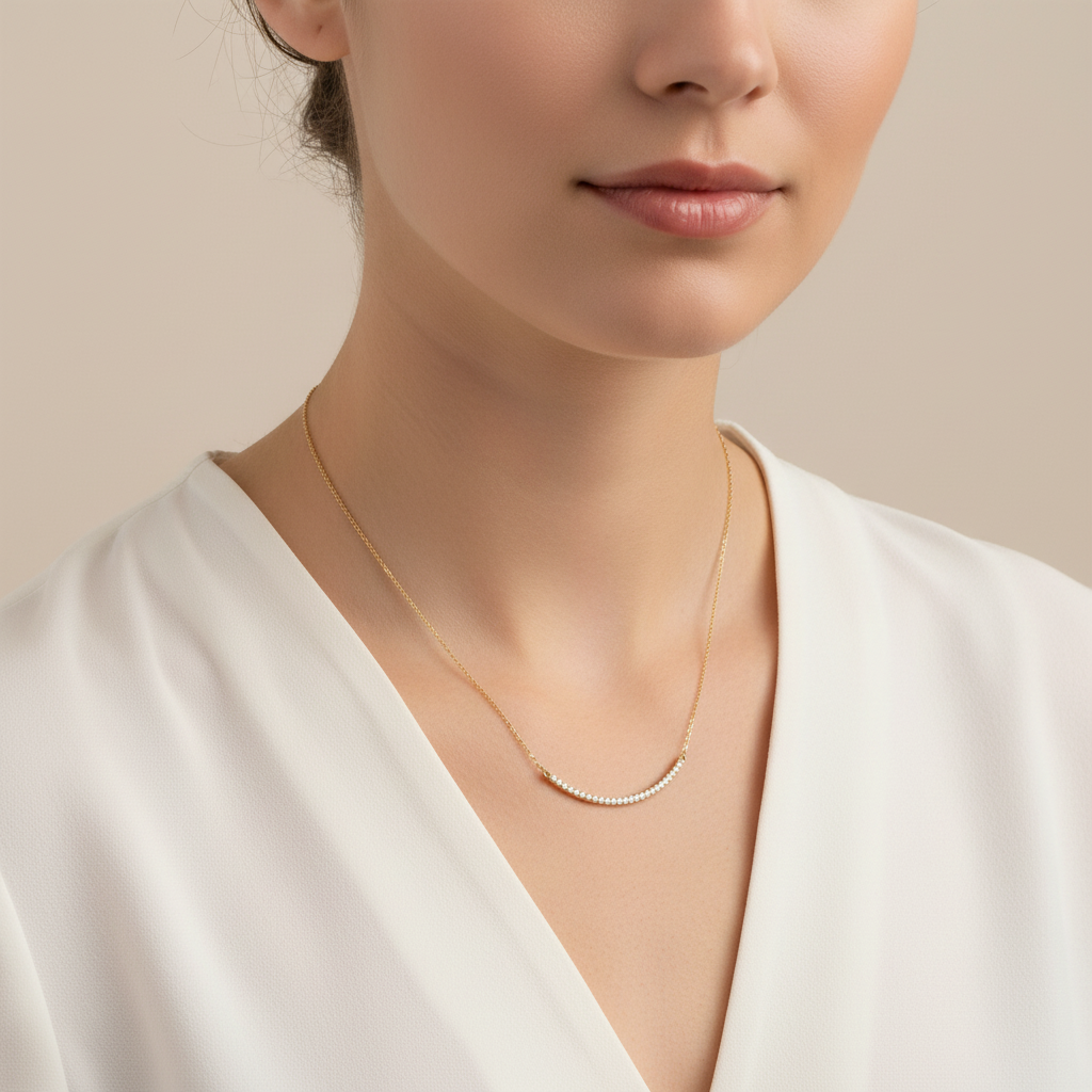 14 Karat Gold Plated Sterling Silver Curved CZ Bar Necklace, 18 Inch with 2 Inch Extension, Lobster Clasp