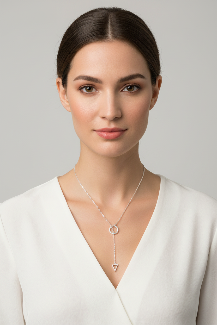 Geometric Lariat Necklace 925 Sterling Silver Circle Triangle Cutout 24 Inch