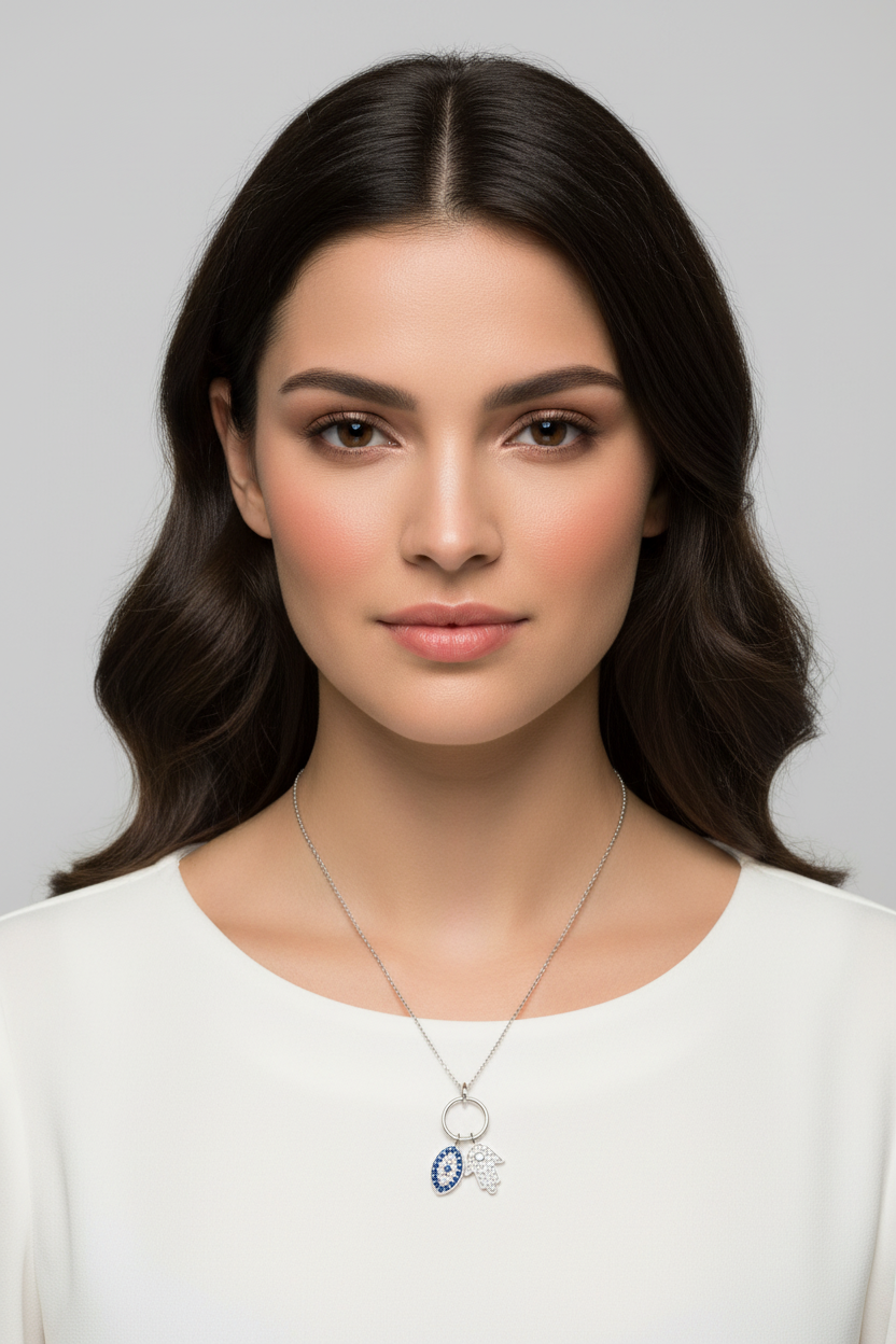 Sterling Silver Hamsa and Evil Eye CZ Pendant Necklace, Rhodium Plated, 16 Inch Chain with 2 Inch Extension, clear and blue CZs