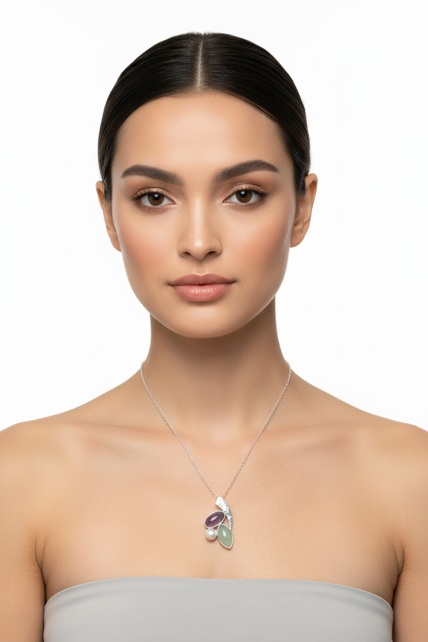 Moonstone Pearl Chalcedony Necklace 925 Silver 34mm Pendant 18 Inch