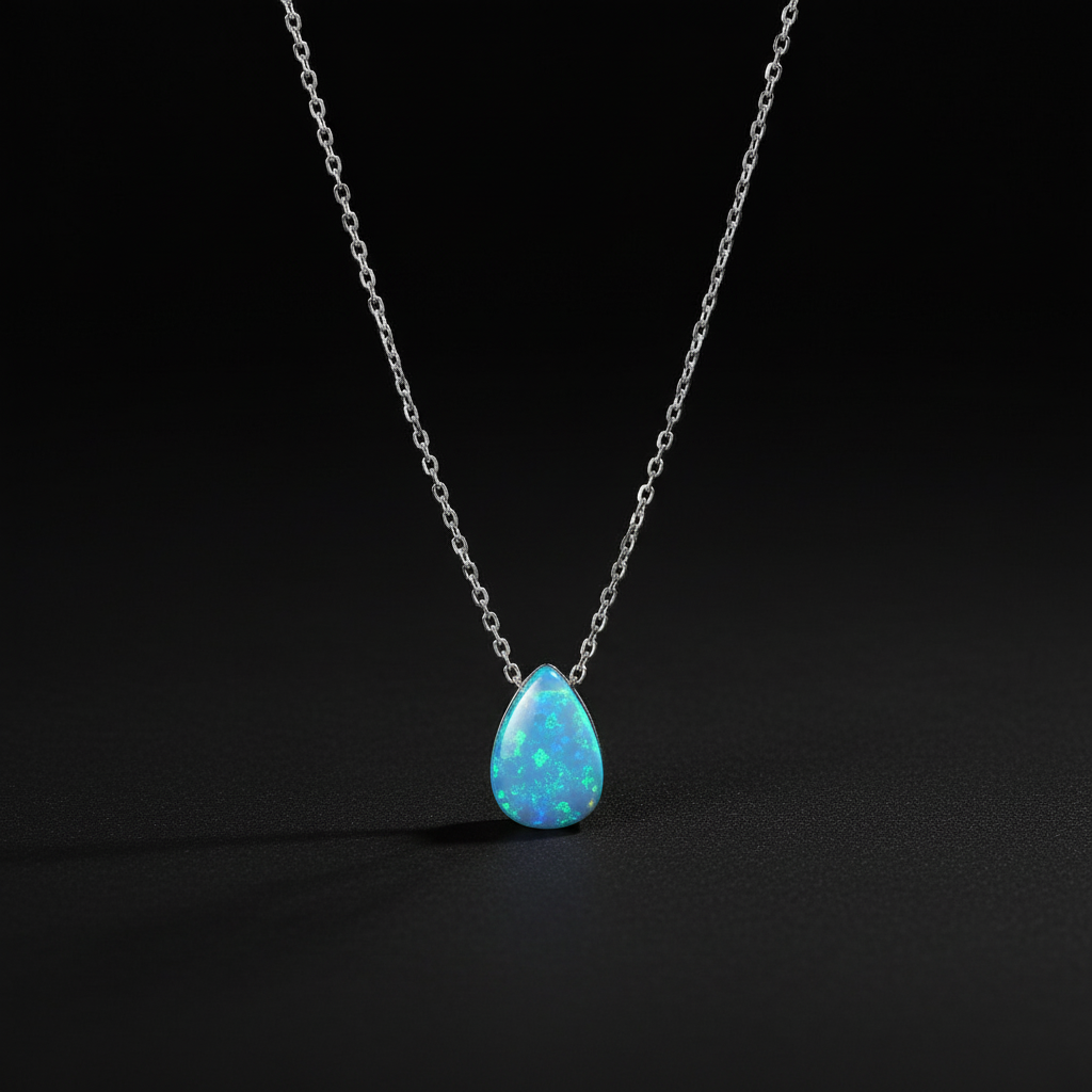 Opal Pear Drop Necklace Rhodium 925 Silver Blue Synthetic 9x12mm 16+2