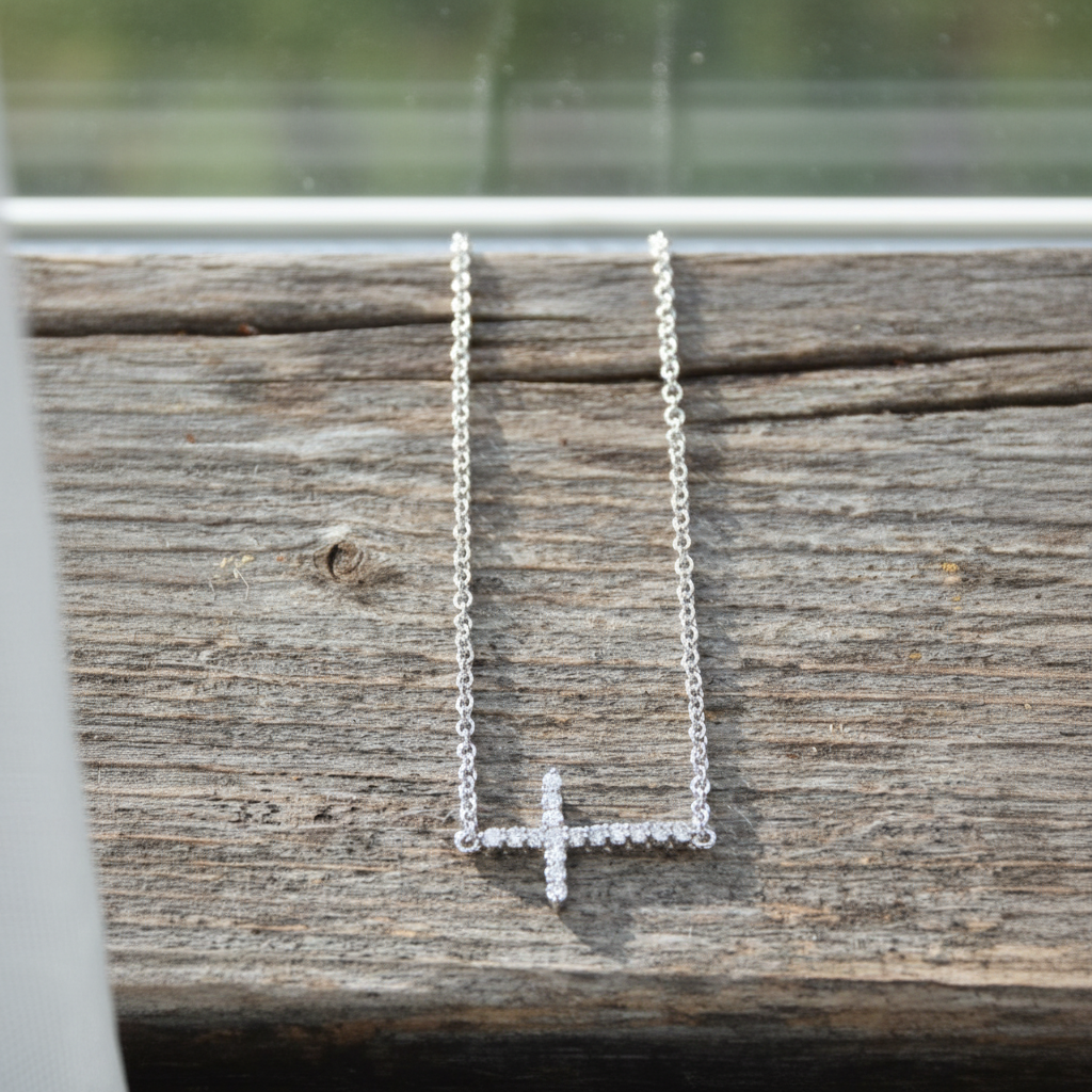 Sterling Silver Sideways Cross Necklace, Rhodium Plated, CZ, 16 Inch Chain with 2 Inch Extension